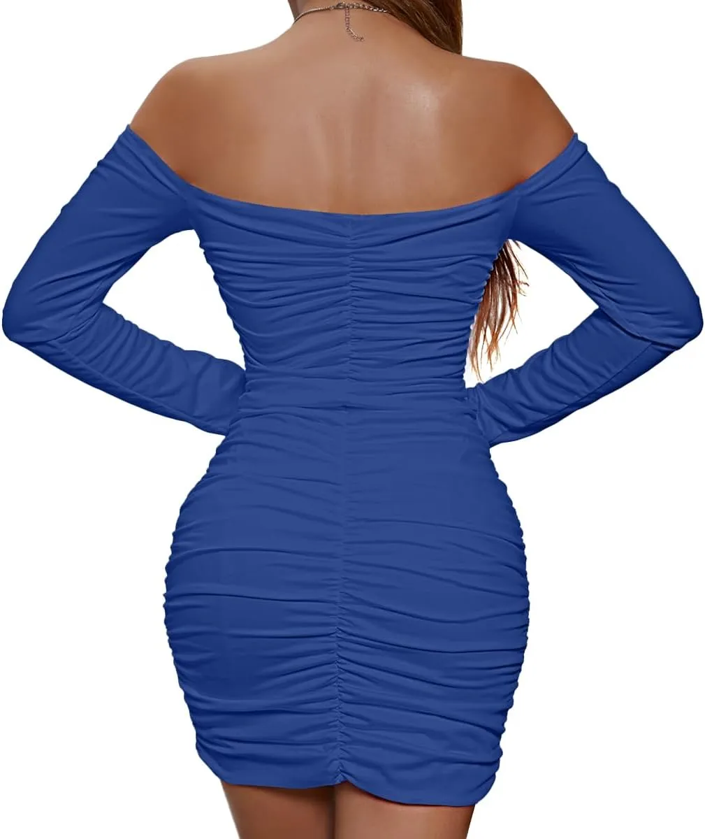 LYANER Women's Off Shoulder Ruched Long Sleeve Party Club Mini Bodycon Dress