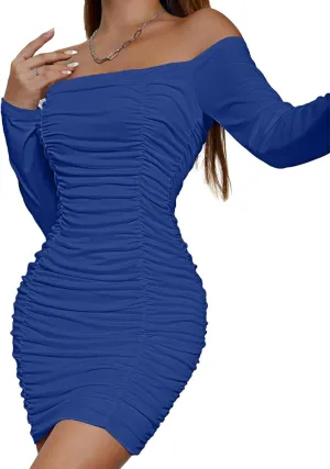 LYANER Women's Off Shoulder Ruched Long Sleeve Party Club Mini Bodycon Dress