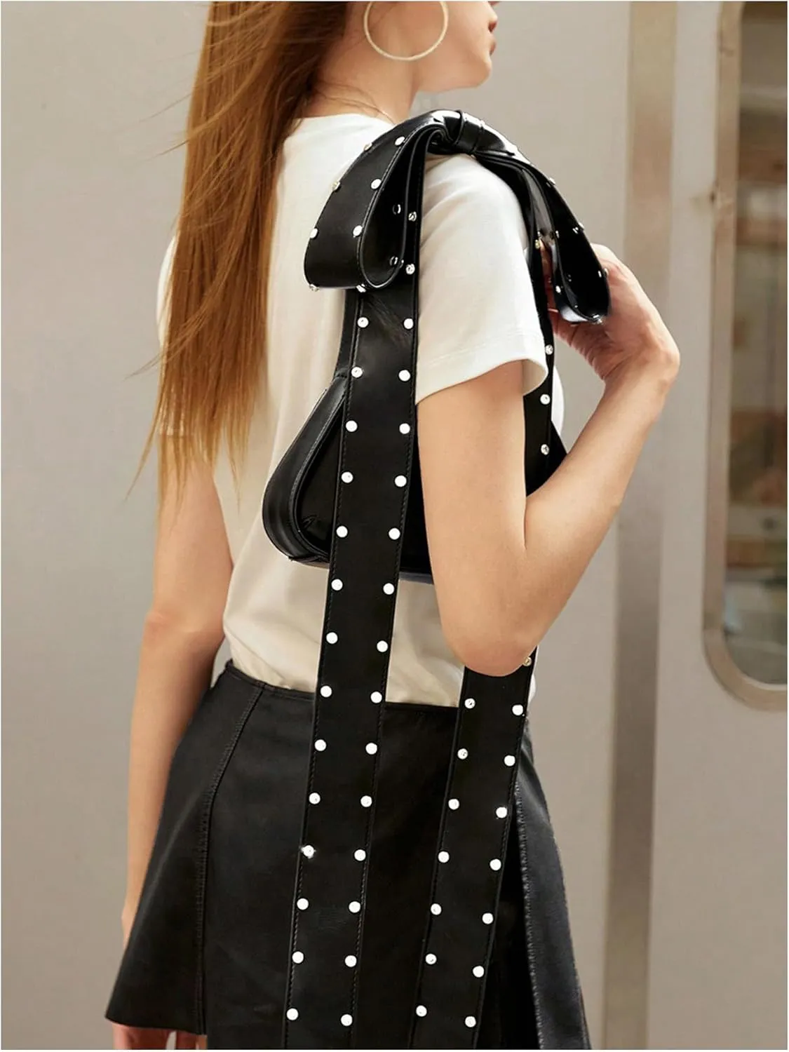 MakeMeChic Women's Faux Leather Bow Knot Shoulder Handbags Studded Y2k Crescent Clutch Bag