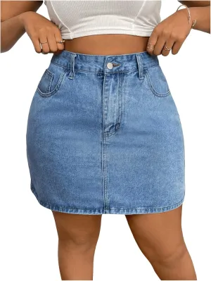 MakeMeChic Women's Plus Size Denim Skirt Mini High Waisted Zipper Bodycon Jean Skirt