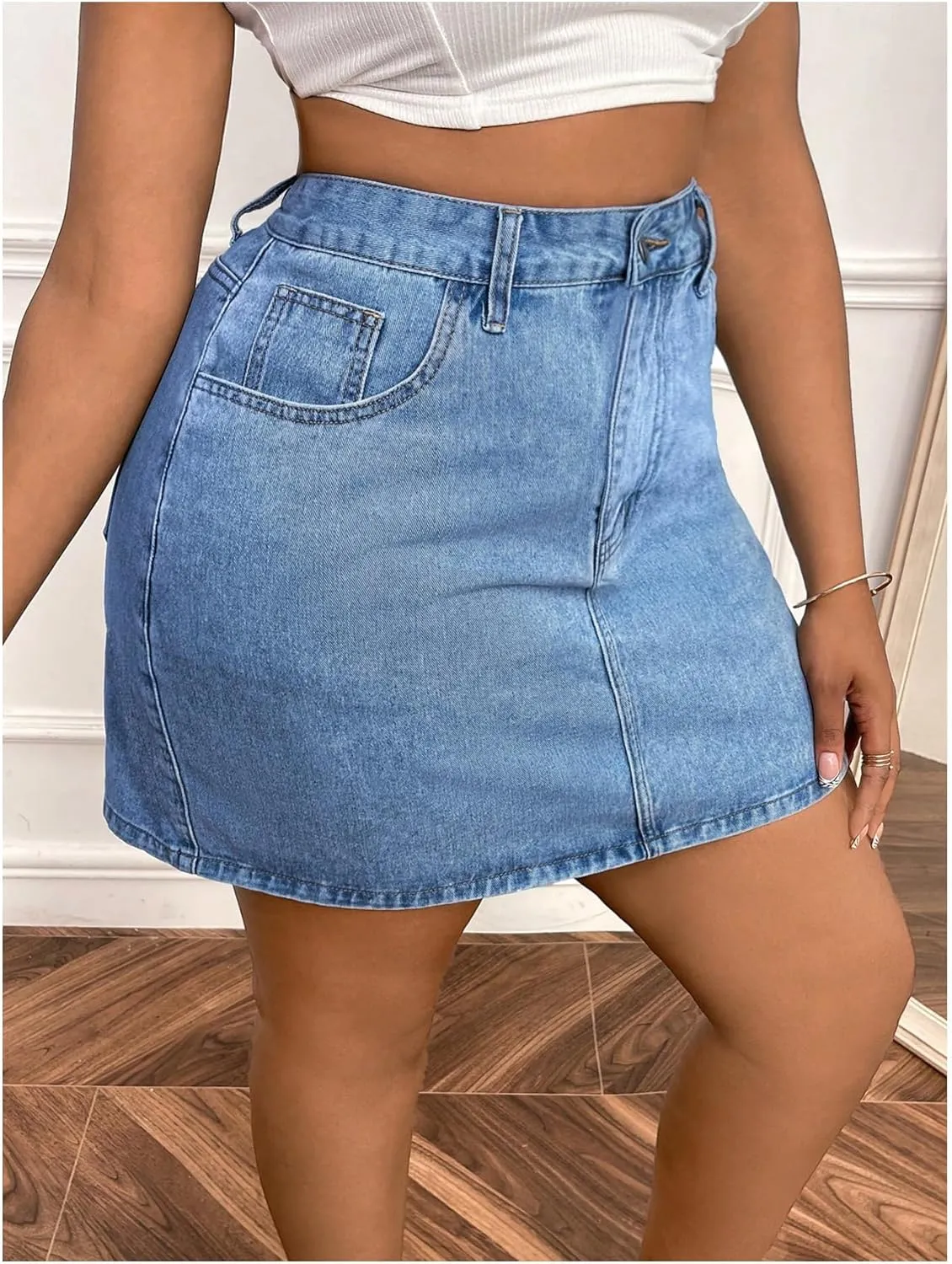 MakeMeChic Women's Plus Size Denim Skirt Mini High Waisted Zipper Bodycon Jean Skirt
