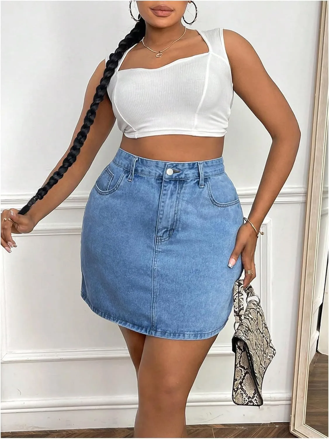 MakeMeChic Women's Plus Size Denim Skirt Mini High Waisted Zipper Bodycon Jean Skirt