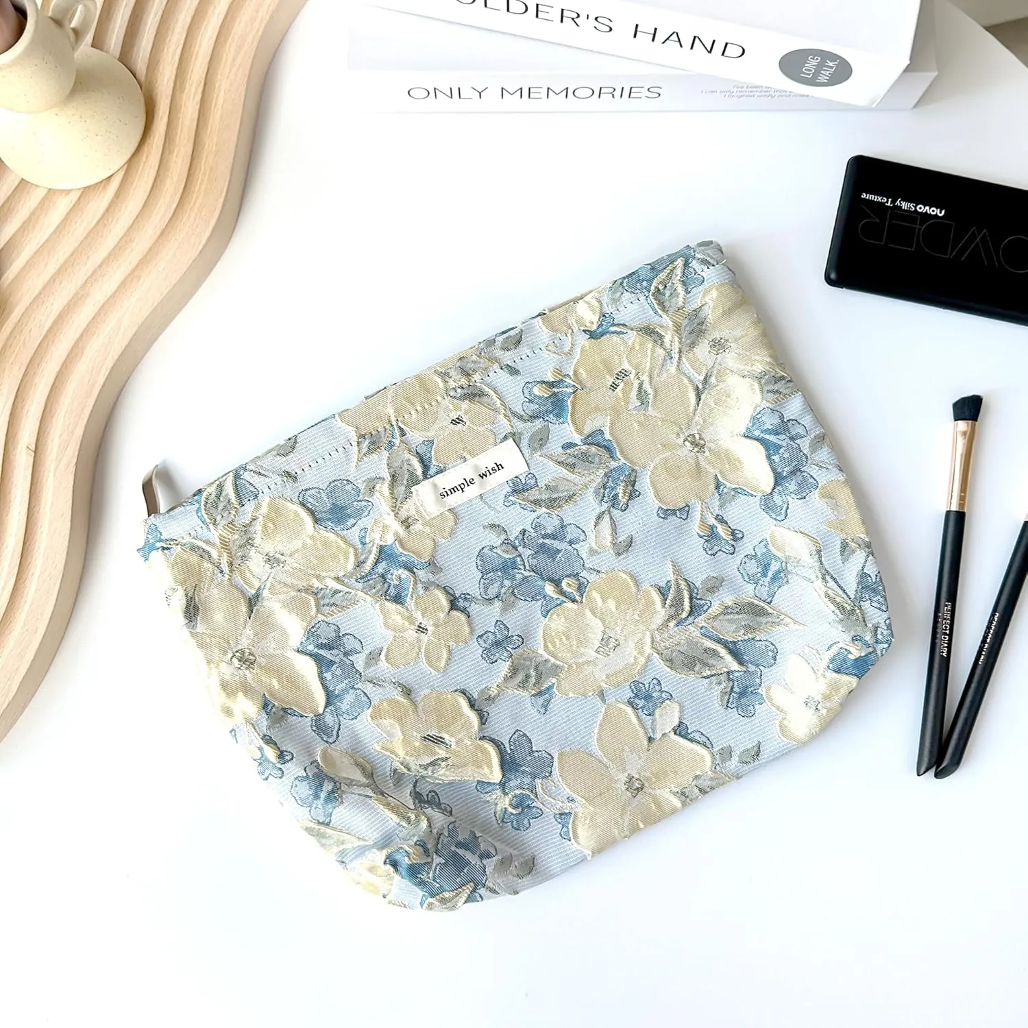 Makeup Bag Cosmetic bag Embroidery Preppy Canvas Toiletry Bag for women Cute zipper pouch Organizer Travel accessories (01-Blue Beige Embossing, Large)
