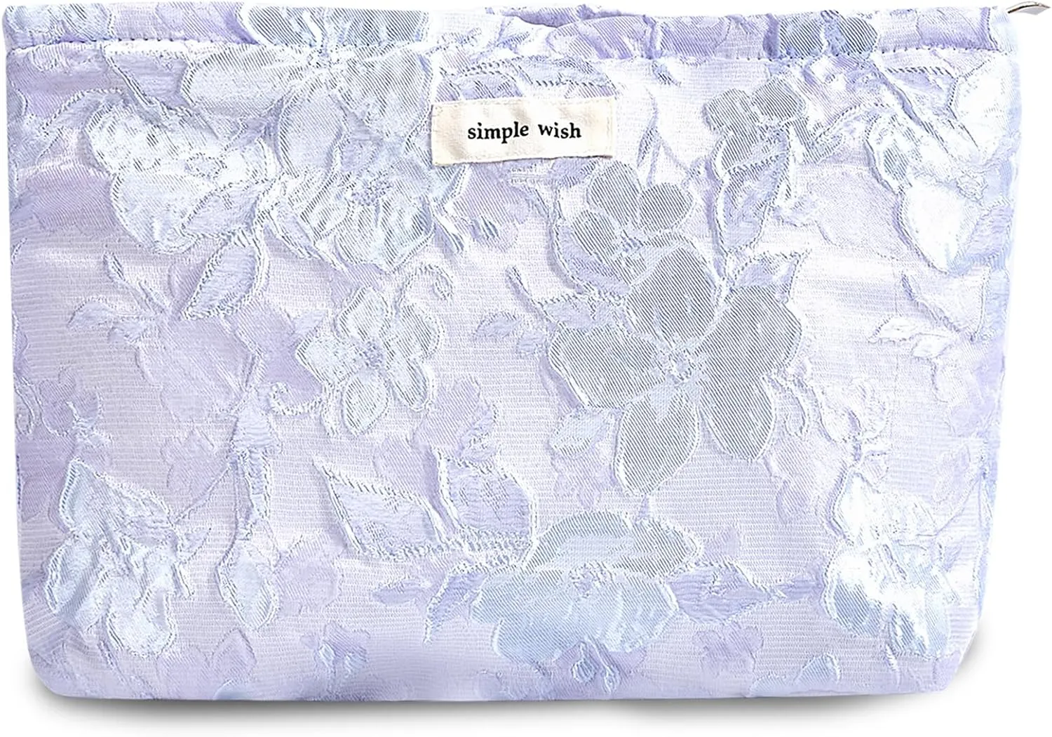 Makeup Bag Cosmetic bag Preppy Canvas Embroidery Toiletry Bag for women Cute zipper pouch Organizer Travel accessories (01-Purple Blue Embossing, Large)