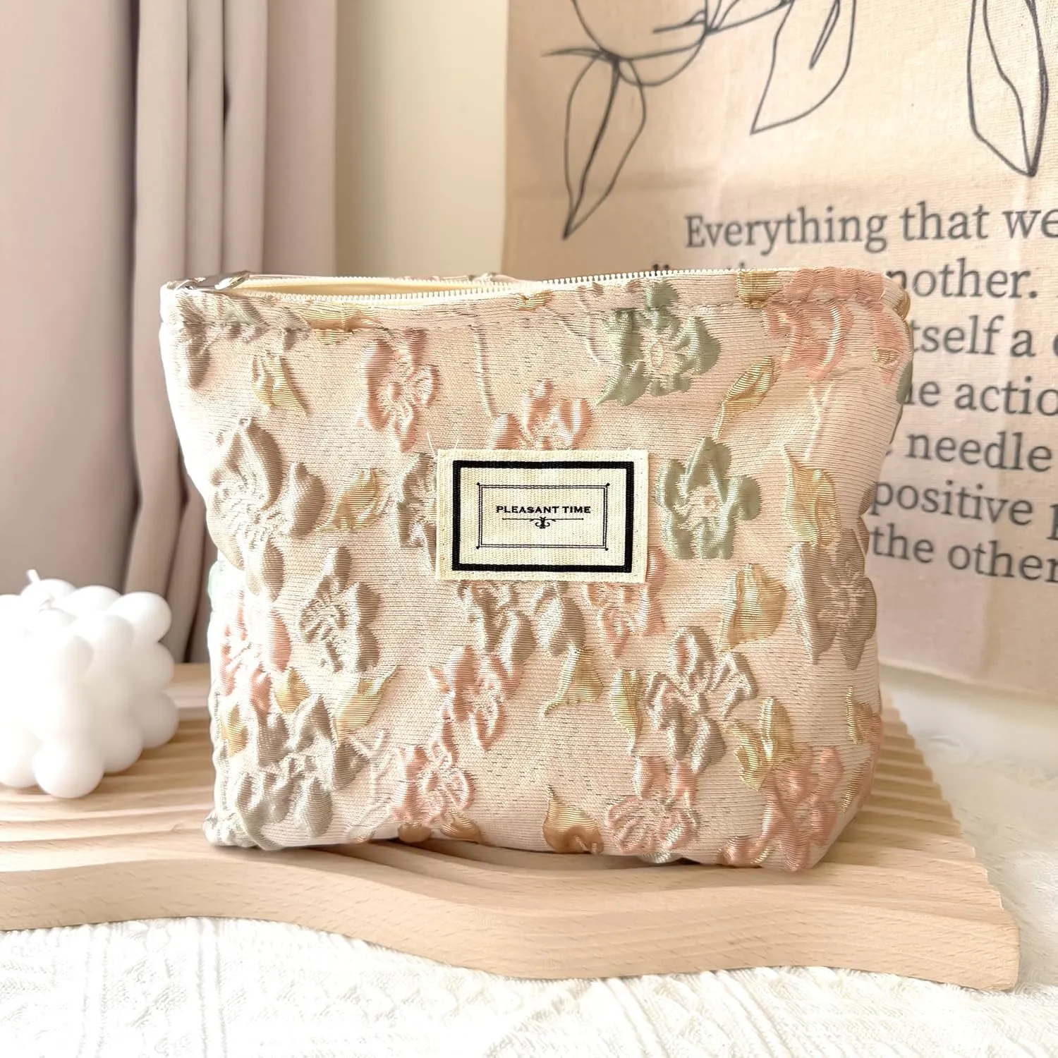 Makeup Bag Cosmetic bag Preppy Canvas Toiletry Embroidery Bag for women Cute zipper pouch Organizer Travel accessories (Apricot Pink, Large)