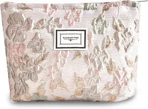 Makeup Bag Cosmetic bag Preppy Canvas Toiletry Embroidery Bag for women Cute zipper pouch Organizer Travel accessories (Apricot Pink, Large)