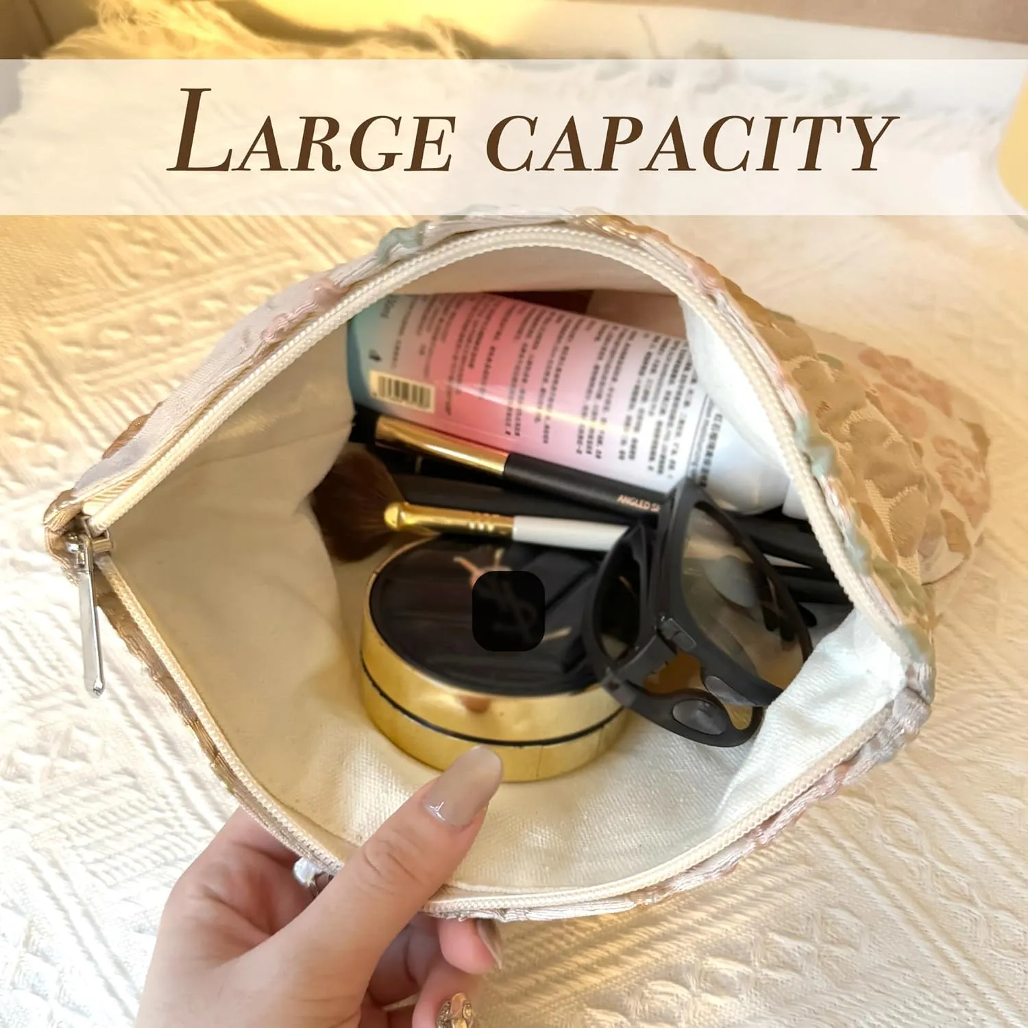 Makeup Bag Cosmetic bag Preppy Canvas Toiletry Embroidery Bag for women Cute zipper pouch Organizer Travel accessories (Apricot Pink, Large)