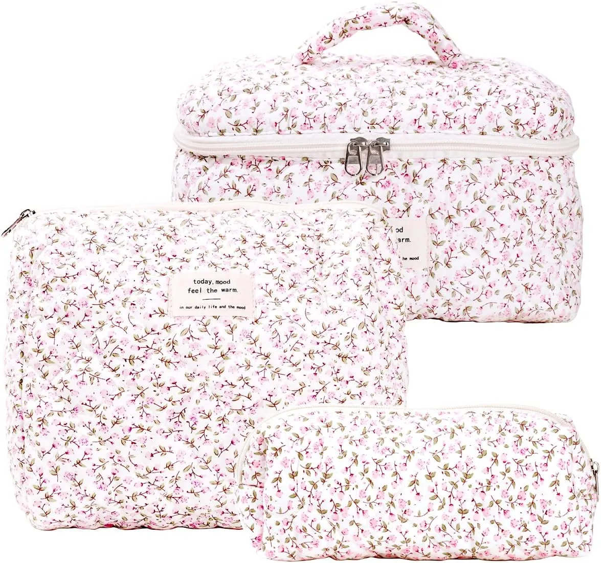 Makeup Bag, Pink Floral Makeup Bag, Quilted Soft Cotton Cosmetic Pouch Large Capacity with Handle, Travel Make Up Bag for Women, Bridesmaids, Gifts, Broken Flower Aesthetic Storage Organizer