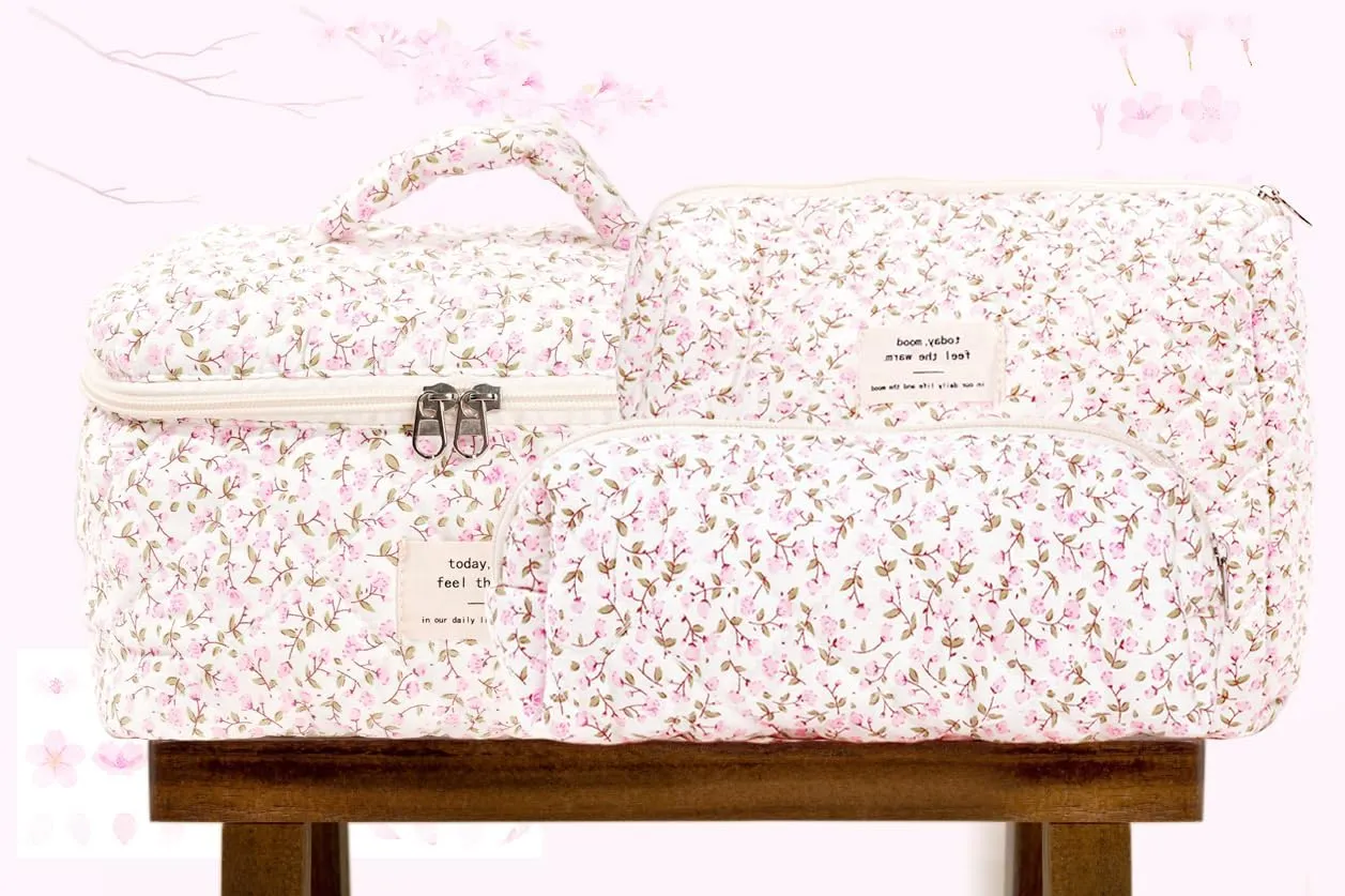 Makeup Bag, Pink Floral Makeup Bag, Quilted Soft Cotton Cosmetic Pouch Large Capacity with Handle, Travel Make Up Bag for Women, Bridesmaids, Gifts, Broken Flower Aesthetic Storage Organizer