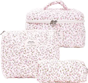 Makeup Bag, Pink Floral Makeup Bag, Quilted Soft Cotton Cosmetic Pouch Large Capacity with Handle, Travel Make Up Bag for Women, Bridesmaids, Gifts, Broken Flower Aesthetic Storage Organizer