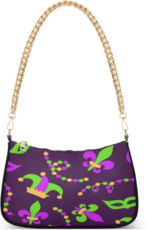 Mardi Gras Masks Hats Lilies Beads Womens Shoulder Bag for Women Girls Hobo Tote Handbag Gold Chain Crossbody Bag with Zipper Clutch Purse Handbags