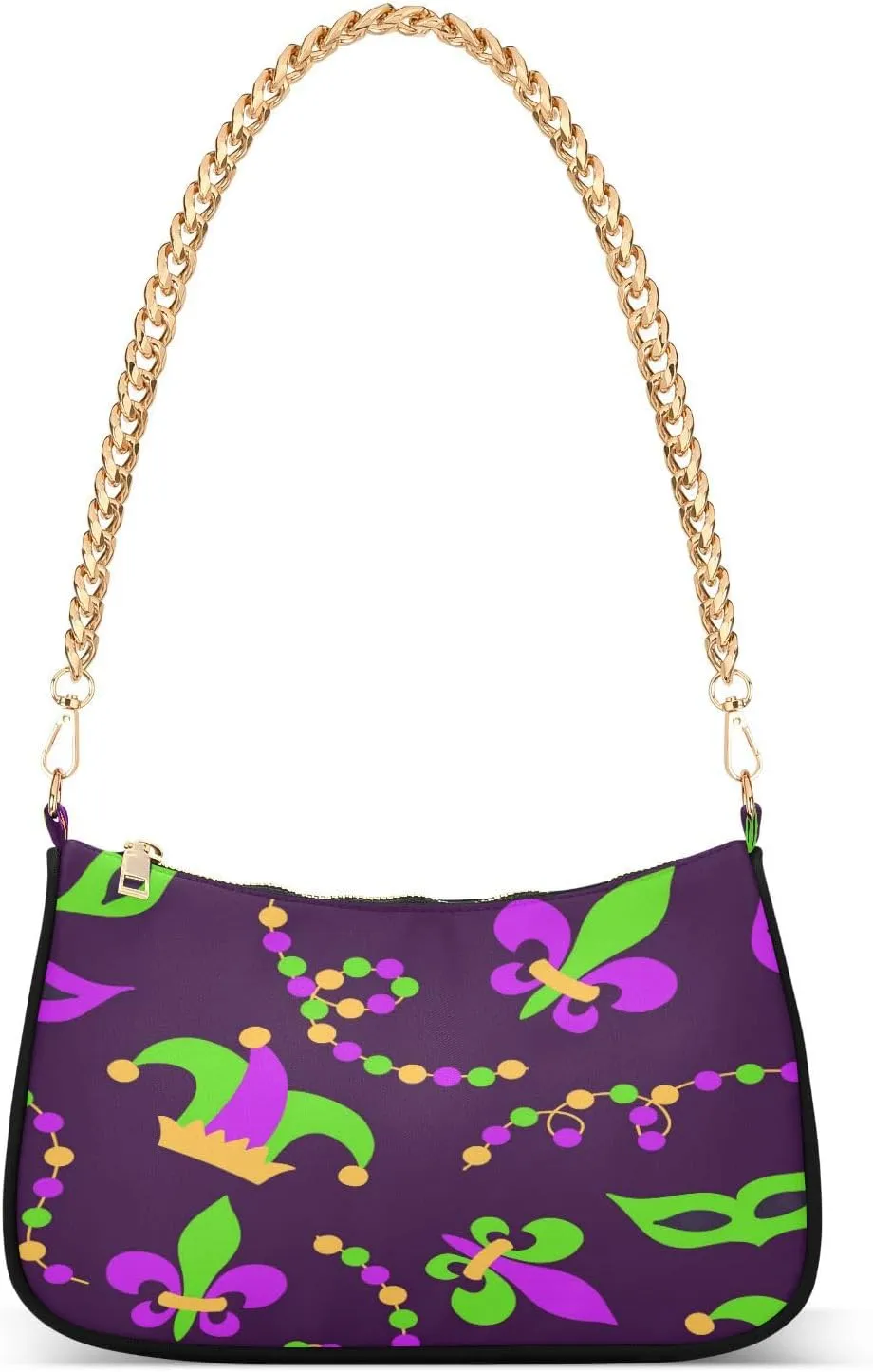 Mardi Gras Masks Hats Lilies Beads Womens Shoulder Bag for Women Girls Hobo Tote Handbag Gold Chain Crossbody Bag with Zipper Clutch Purse Handbags