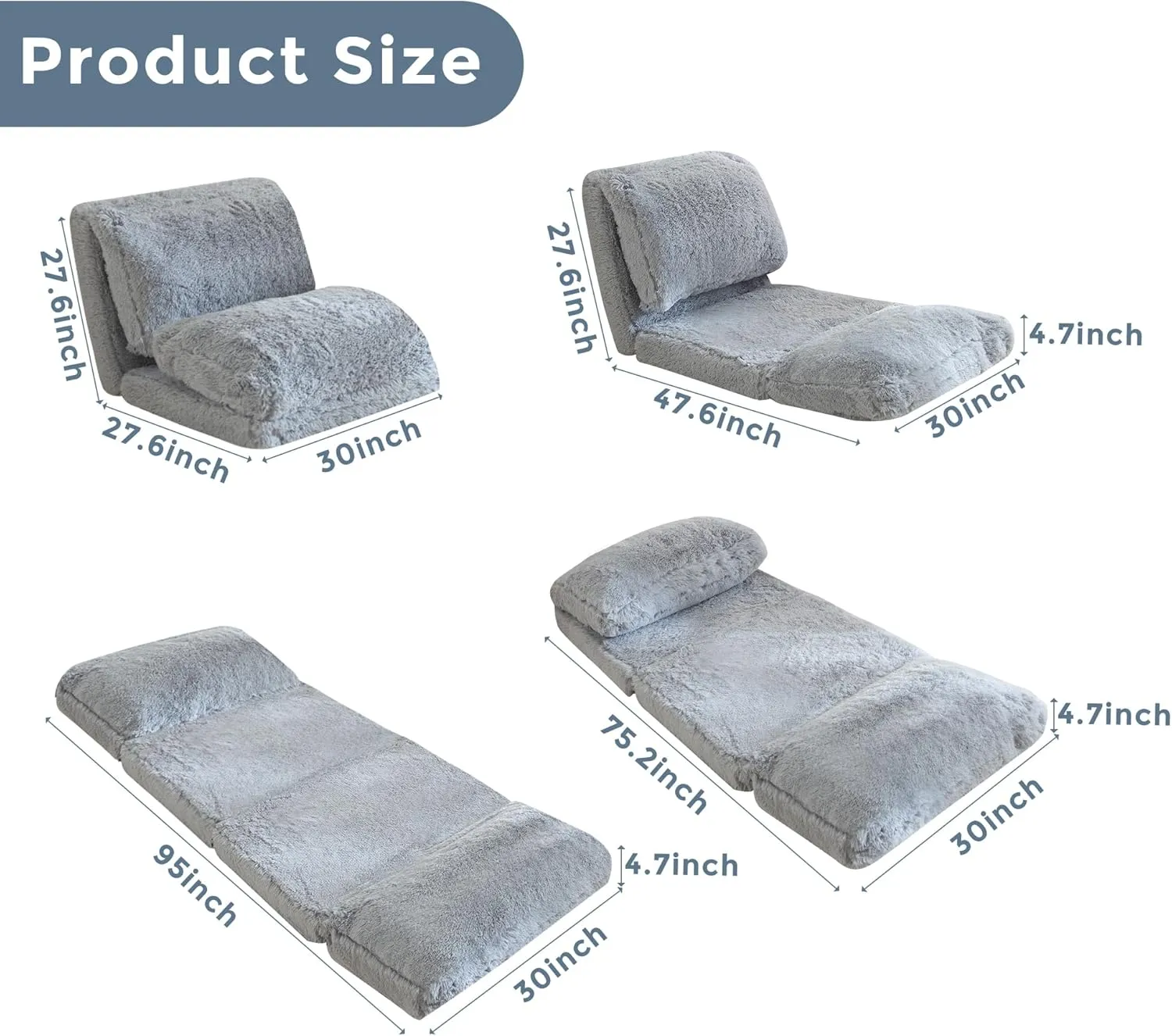 MAXYOYO Bean Bag Bed Floor Bed, Faux Fur Floor Sofa Floor Chairs for Adults, Folding Sofa Bed Foam Filling Wall Couch Sleeper Chairs Single Size Floor Mattress, Grey, 30x95 Inch