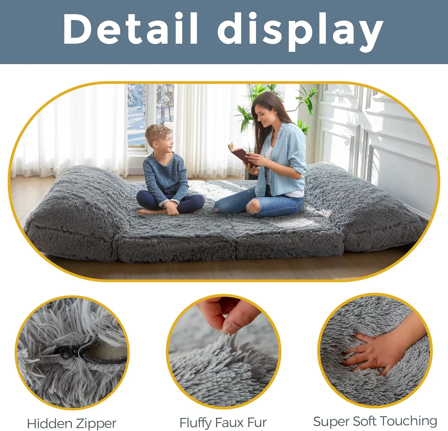 MAXYOYO Bean Bag Bed Floor Bed, Faux Fur Floor Sofa Floor Chairs for Adults, Folding Sofa Bed Foam Filling Wall Couch Sleeper Chairs Single Size Floor Mattress, Grey, 30x95 Inch