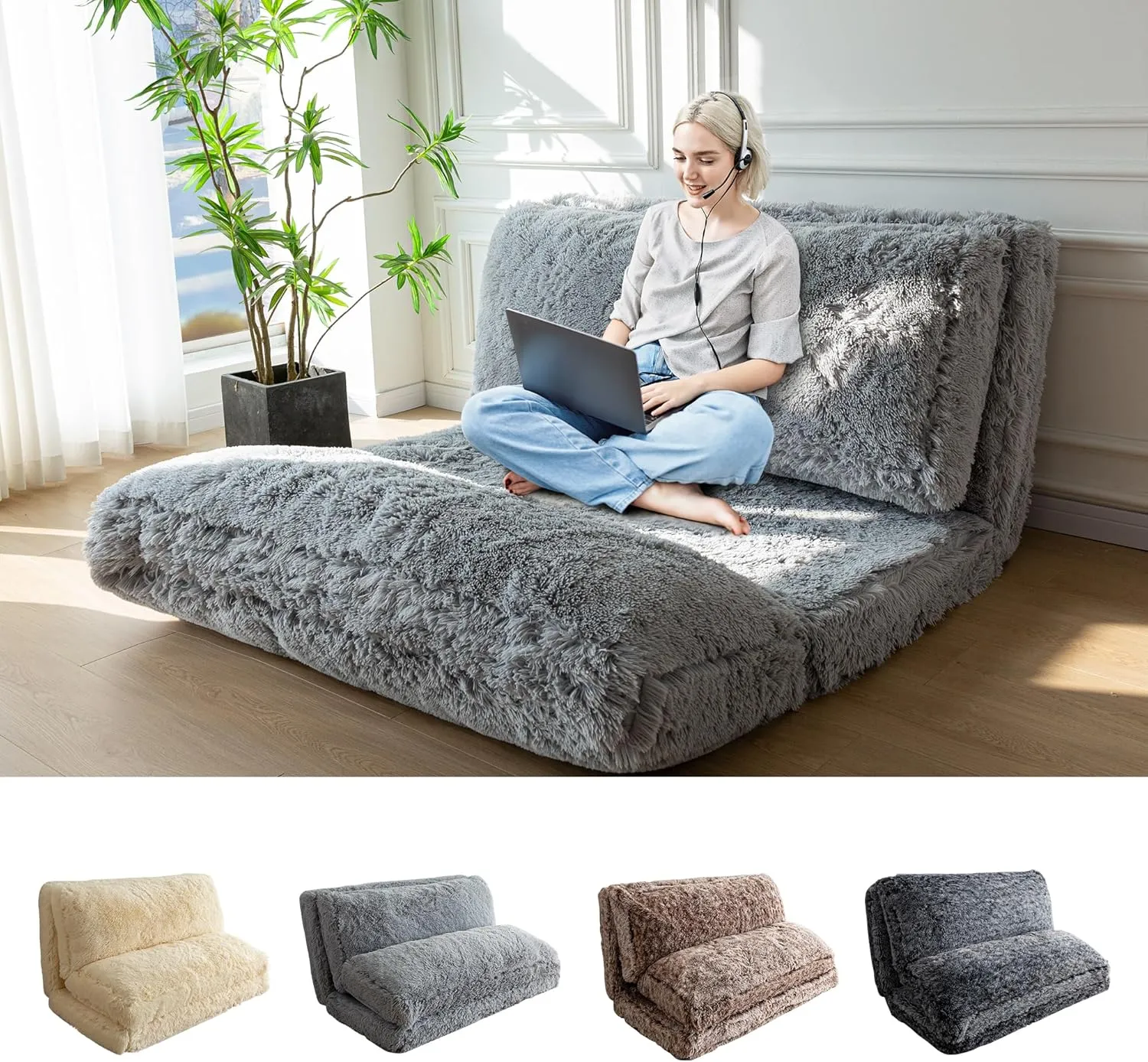 MAXYOYO Bean Bag Bed Floor Bed, Faux Fur Floor Sofa Floor Chairs for Adults, Folding Sofa Bed Foam Filling Wall Couch Sleeper Chairs Single Size Floor Mattress, Grey, 30x95 Inch