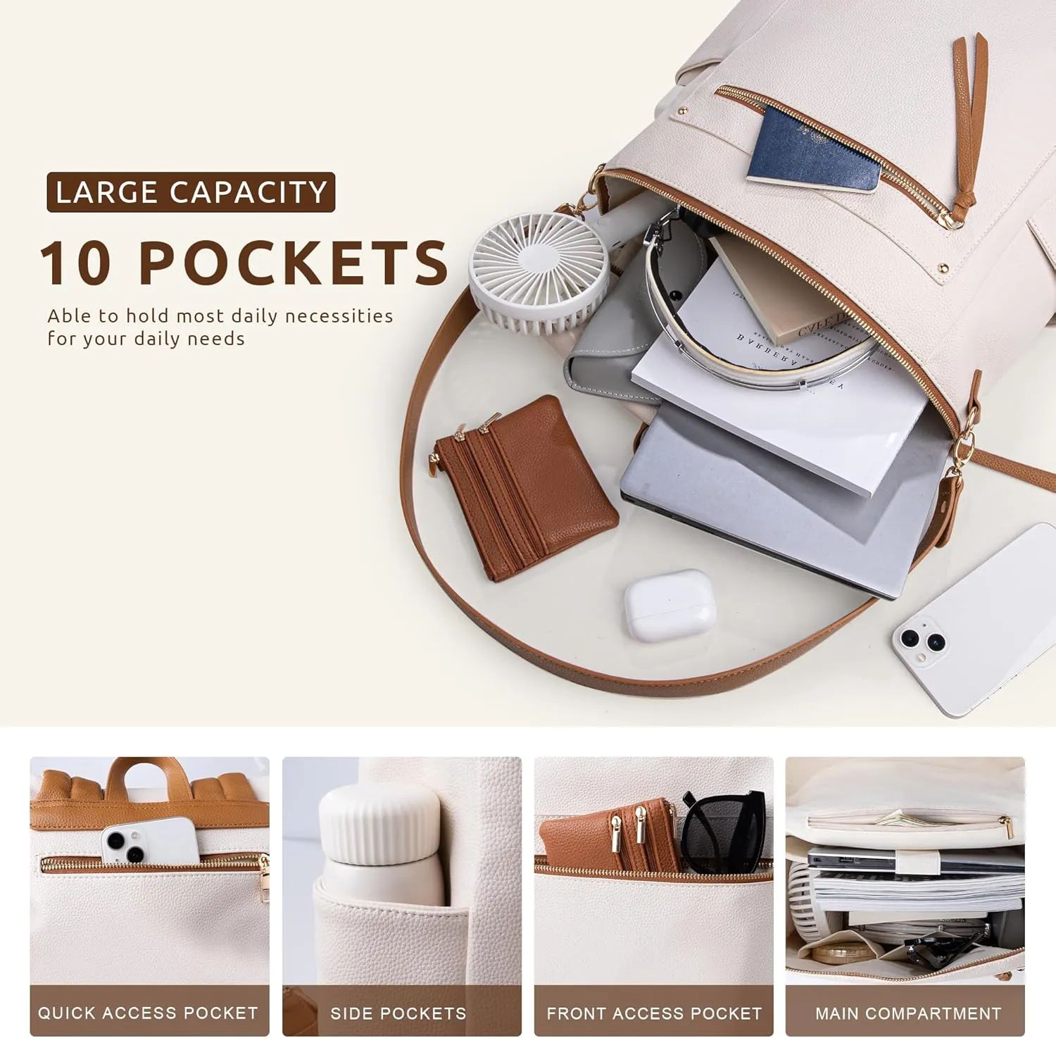 MEEJUNE Large Leather Backpack for Women Backpack Purse with Luggage Strap Crossdody Bag Travel Fashion Backpack Designer Ladies Shoulder bag with Adjustable Strap