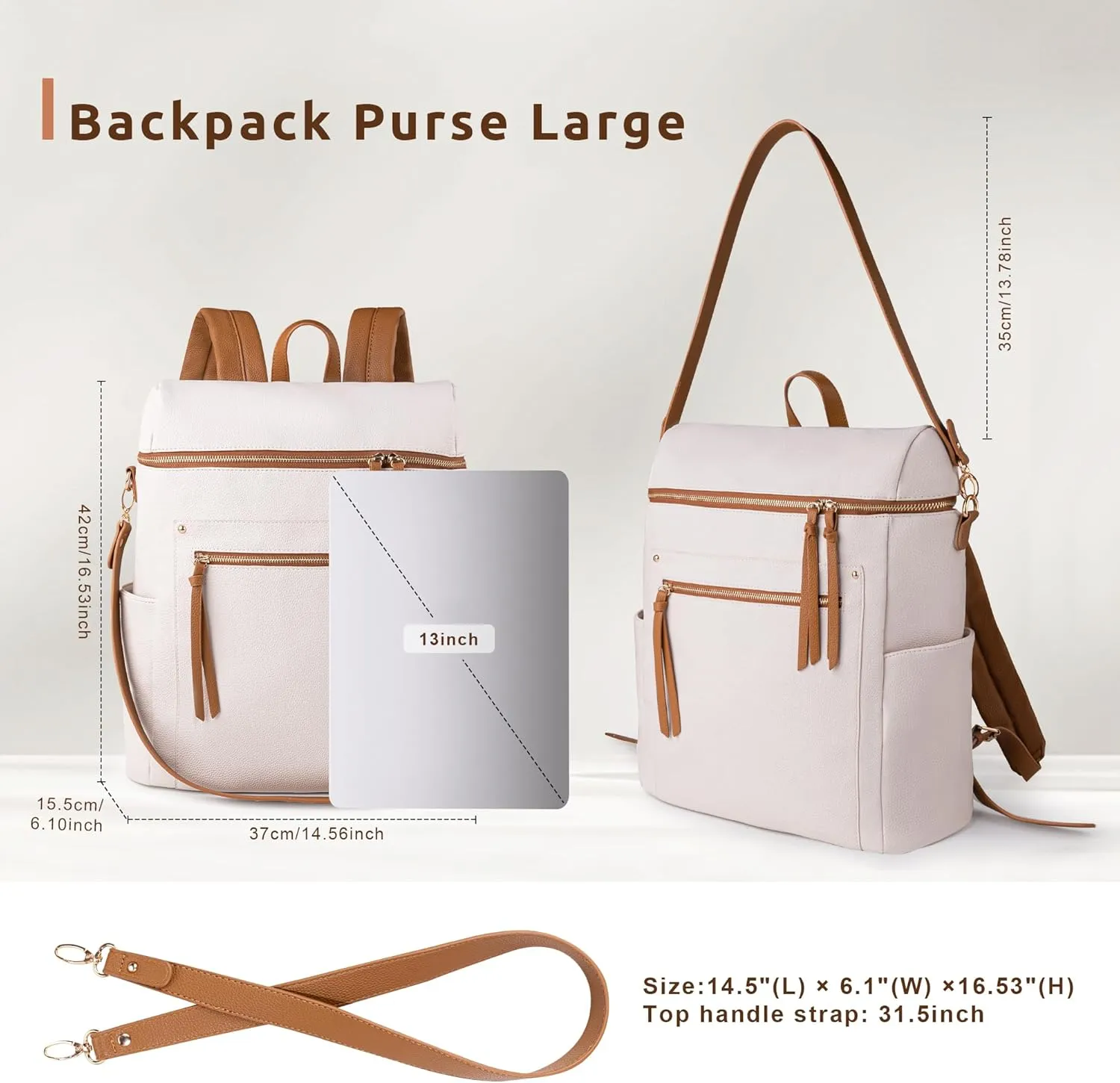 MEEJUNE Large Leather Backpack for Women Backpack Purse with Luggage Strap Crossdody Bag Travel Fashion Backpack Designer Ladies Shoulder bag with Adjustable Strap