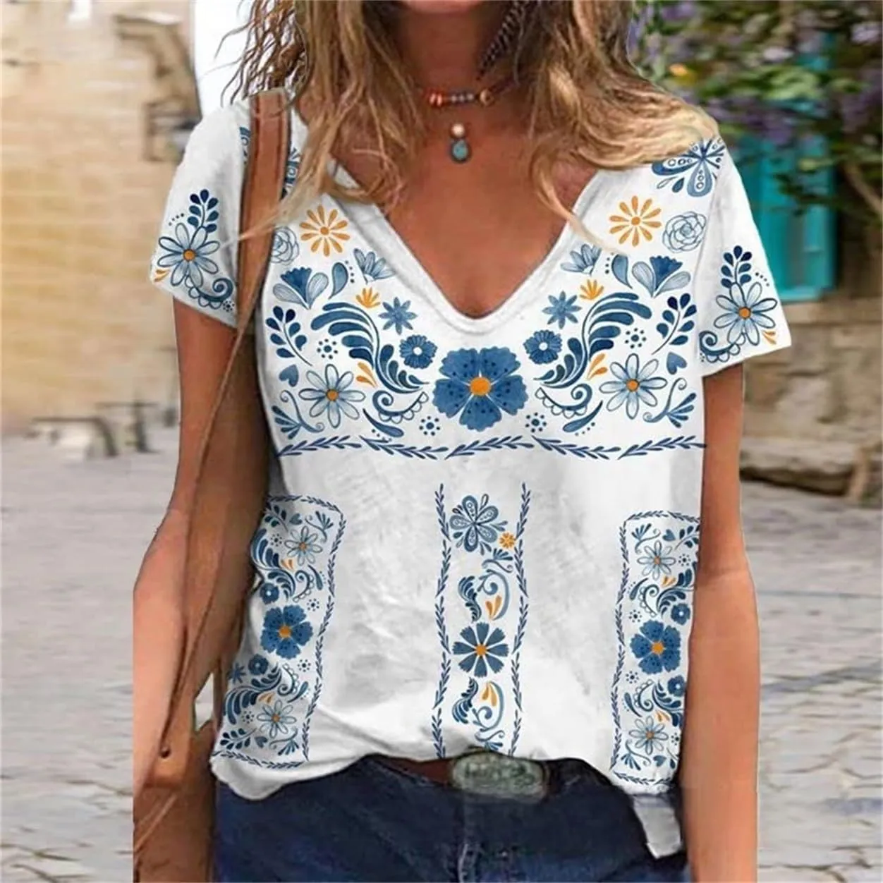 Melliflo Fiesta Mexican Shirts for Women V Neck Floral Print Boho Short Sleeve Casual Embroidered Tops