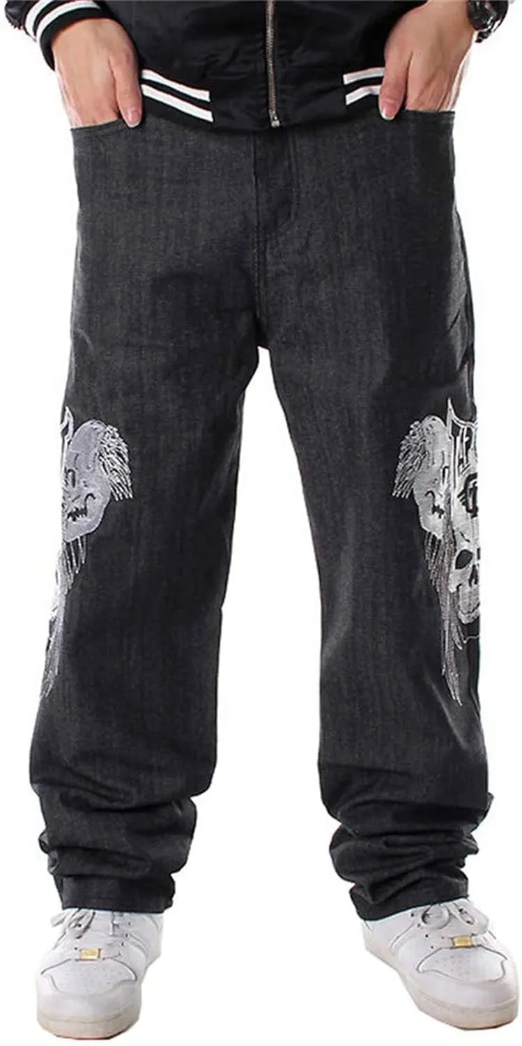 Men Baggy Jeans Y2k Straight Leg Embroidery Jeans Loose Skater Pants Wide Leg Denim Trousers