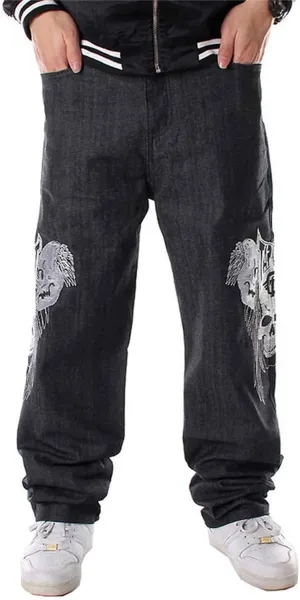 Men Baggy Jeans Y2k Straight Leg Embroidery Jeans Loose Skater Pants Wide Leg Denim Trousers