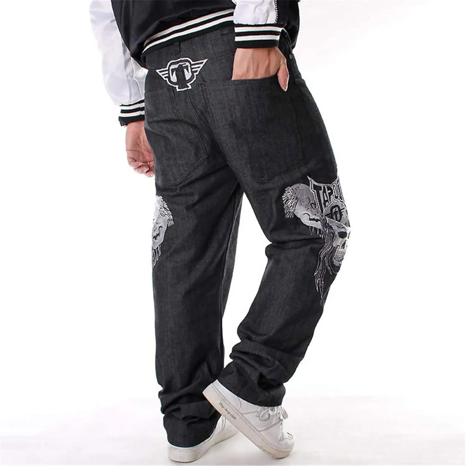 Men Baggy Jeans Y2k Straight Leg Embroidery Jeans Loose Skater Pants Wide Leg Denim Trousers