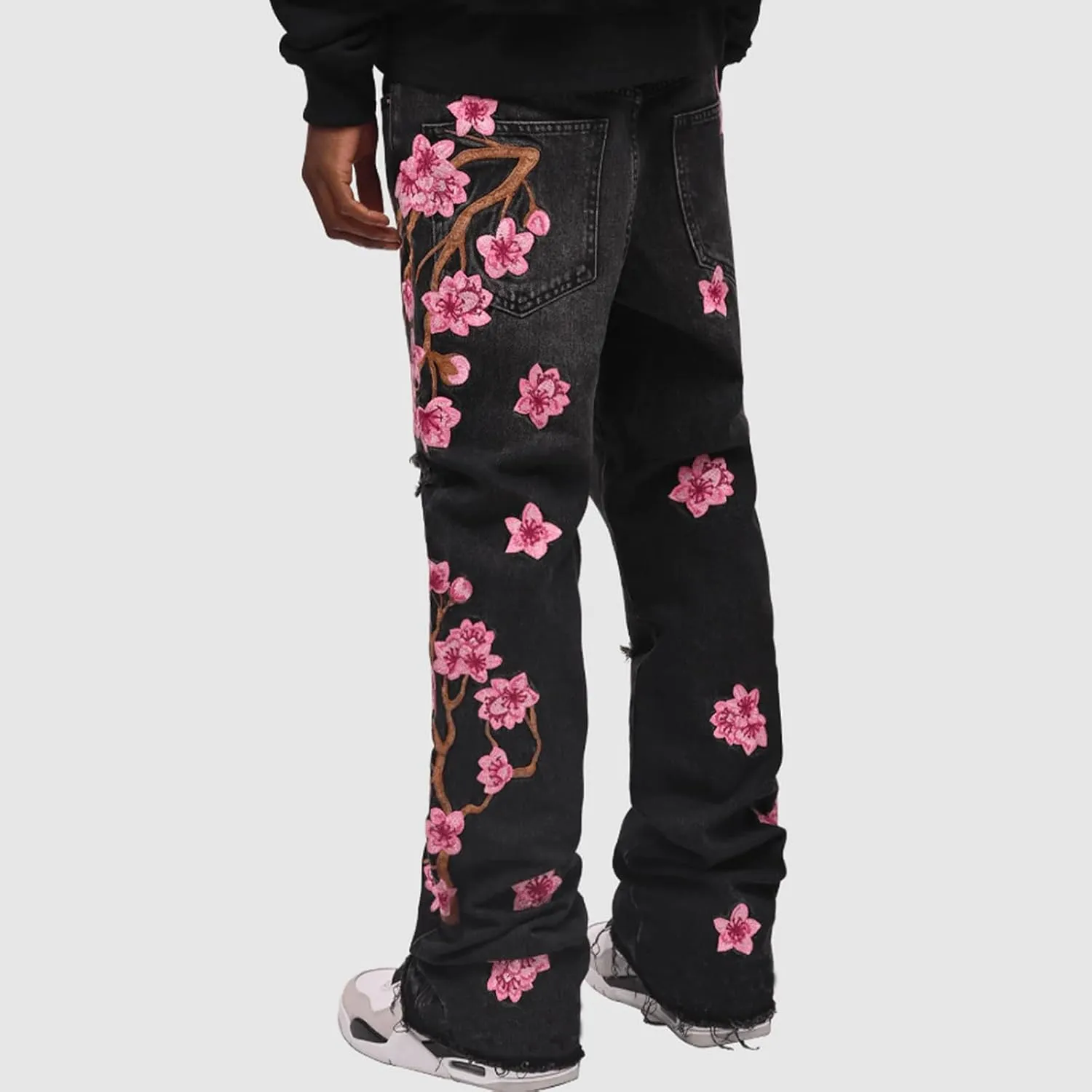 Men Floral Embroidered Ripped Jeans Vintage Distressed Baggy Straight Leg Denim Pants Hip Hop Trousers Streetwear