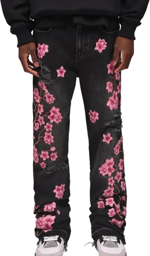 Men Floral Embroidered Ripped Jeans Vintage Distressed Baggy Straight Leg Denim Pants Hip Hop Trousers Streetwear