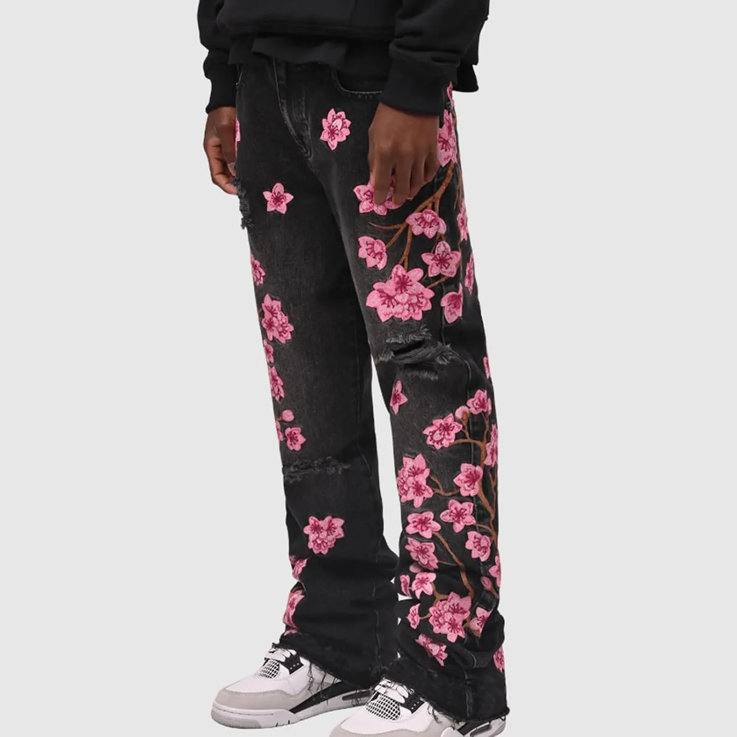 Men Floral Embroidered Ripped Jeans Vintage Distressed Baggy Straight Leg Denim Pants Hip Hop Trousers Streetwear