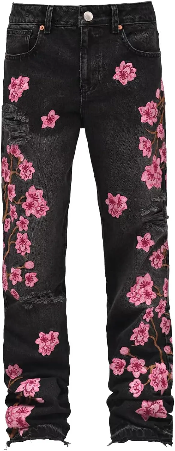 Men Floral Embroidered Ripped Jeans Vintage Distressed Baggy Straight Leg Denim Pants Hip Hop Trousers Streetwear