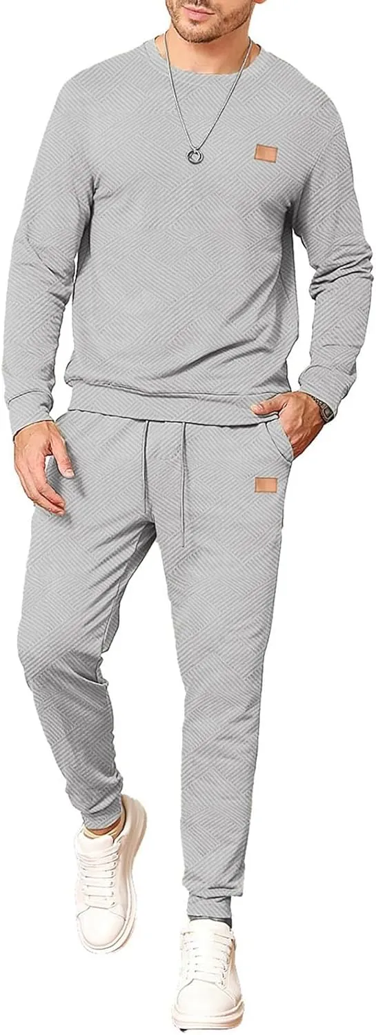 Mens 2 Piece Outfits Knit Jacquard Pullover Sweatshirt Tracksuit Joggers Sweatpants Casual Sweatsuit with Pockets