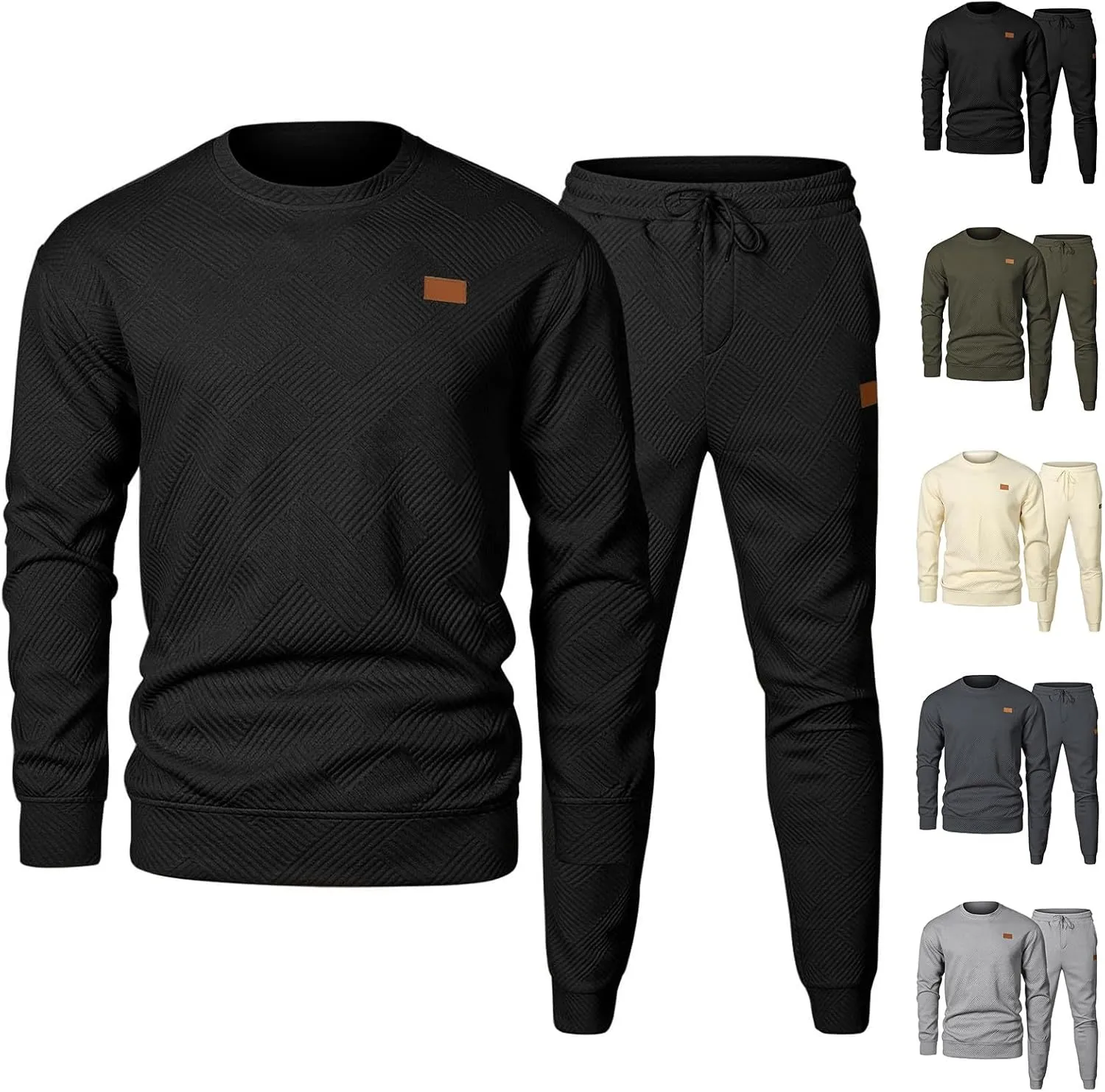 Mens 2 Piece Outfits Knit Jacquard Pullover Sweatshirt Tracksuit Joggers Sweatpants Casual Sweatsuit with Pockets