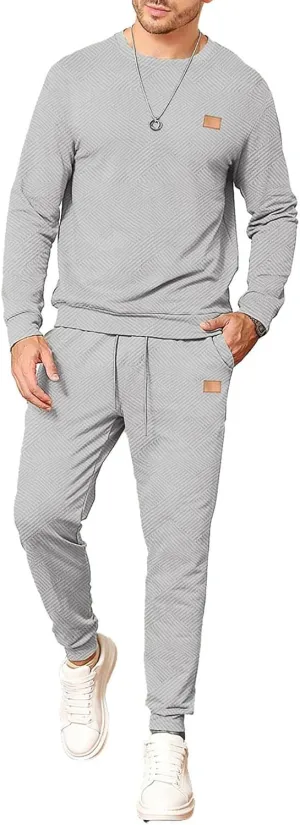 Mens 2 Piece Outfits Knit Jacquard Pullover Sweatshirt Tracksuit Joggers Sweatpants Casual Sweatsuit with Pockets