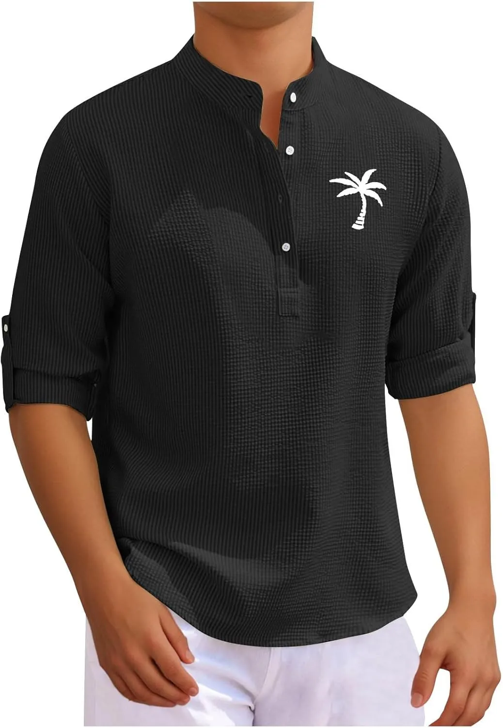 Mens 3/4 Sleeve Shirts Mock Turtleneck Coconut Tree Print Summer Henley Shirt Casual Waffle Roll Up Sleeve Beach Tops