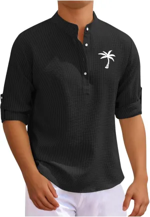 Mens 3/4 Sleeve Shirts Mock Turtleneck Coconut Tree Print Summer Henley Shirt Casual Waffle Roll Up Sleeve Beach Tops