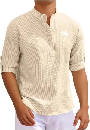 Mens 3/4 Sleeve Shirts Mock Turtleneck Coconut Tree Print Summer Henley Shirt Casual Waffle Roll Up Sleeve Beach Tops