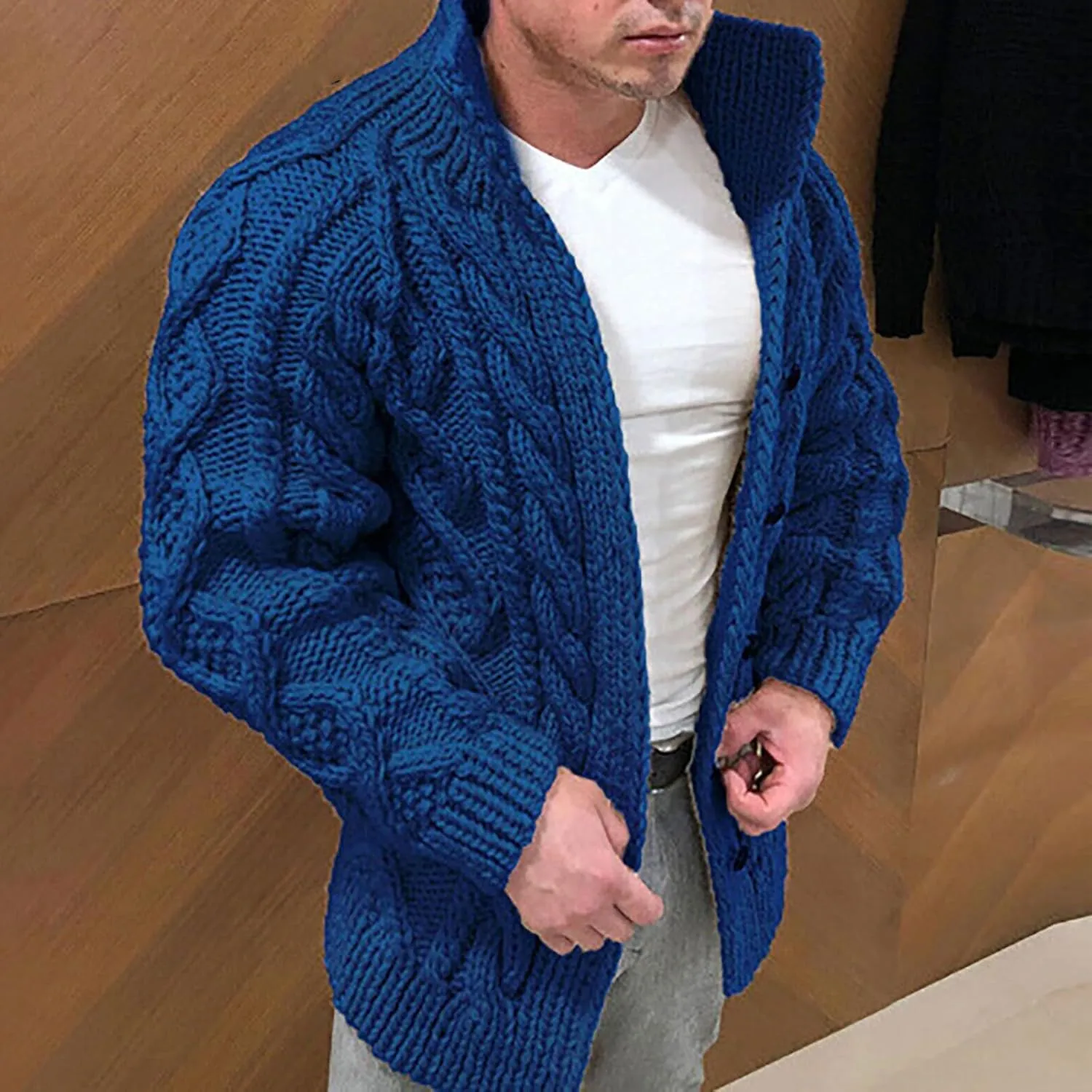 Mens Big And Tall Sweater Hatless Zipper Stand Up Collar Warm Cardigan Knitted Coat Pollo Jackets For Men black long