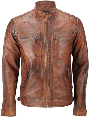 Men's Biker Quilted Classic Vintage Distressed Brown Leather Jacket