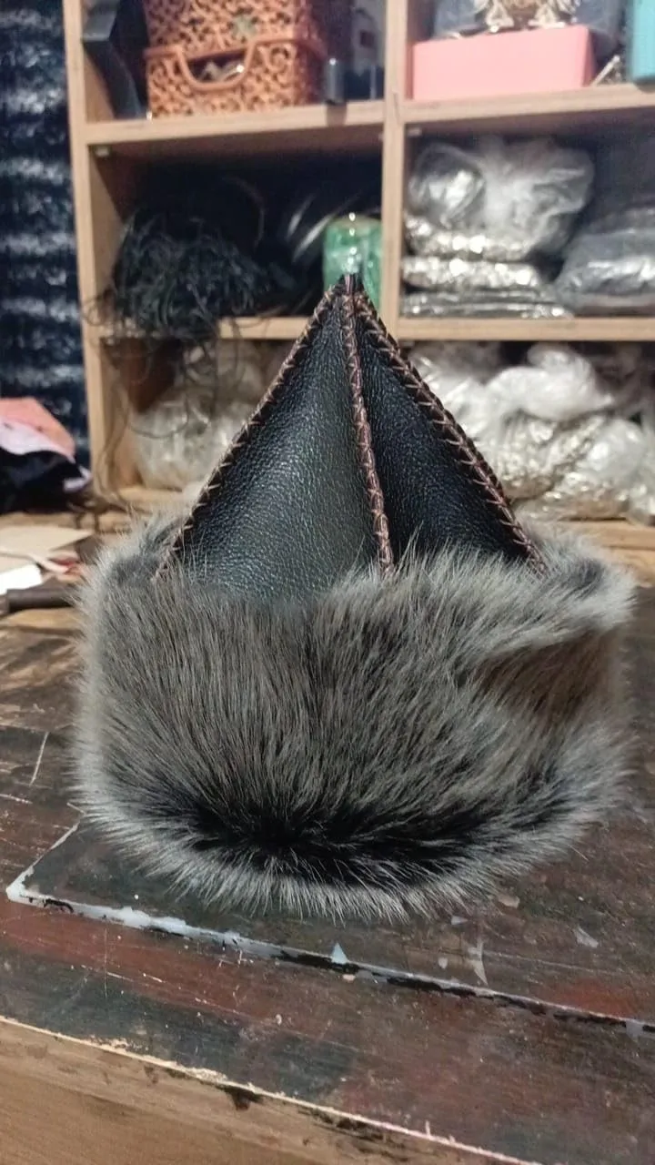 Men's Black Turkish Fur Lambskin Leather Warm Hat for Turkish Warrior Gift Ideas for Men