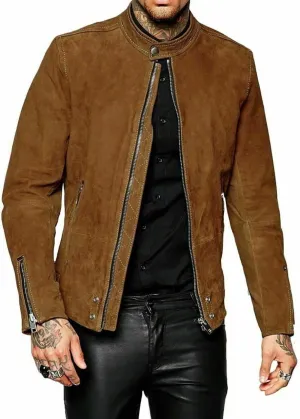 Men's classic Real Lambskin Suede Leather Bomber Biker Motorcycle Jacket Slim Fit Coat