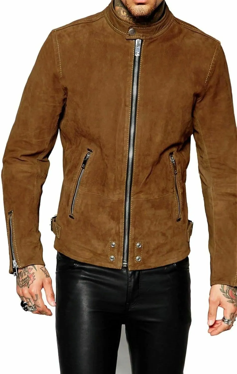 Men's classic Real Lambskin Suede Leather Bomber Biker Motorcycle Jacket Slim Fit Coat