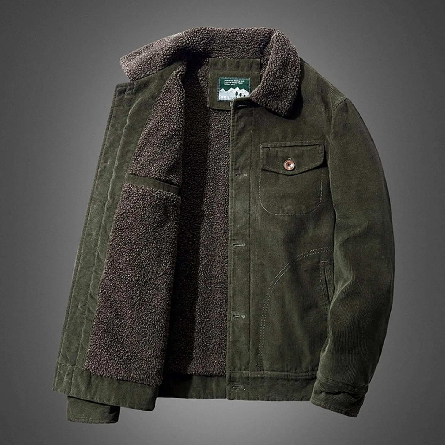 Mens Corduroy Jacket Sherpa Lined Trucker Cotton Lapel Collar Button Down Jackets Warm Winter Casual Work Padded Coat