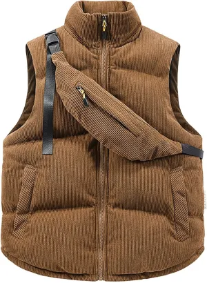 Mens Corduroy Puffer Vest Sleeveless Stand Collar Zip Up Waistcoats with Slant Shoulder Bag Lightweight Padded Gilet