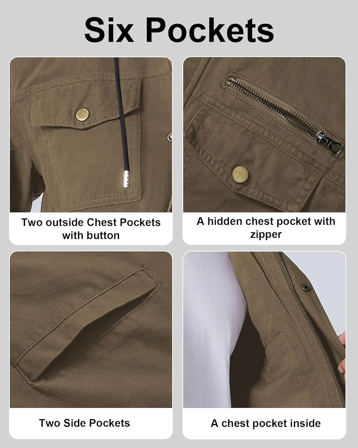 Men's Cotton Lightweight Jacket Military Canvas Field Coat Work Outwear Casual Spring Cargo Jacket with Hooded