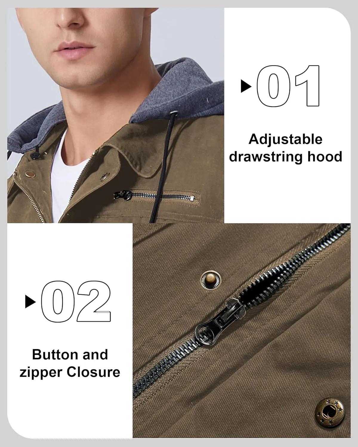 Men's Cotton Lightweight Jacket Military Canvas Field Coat Work Outwear Casual Spring Cargo Jacket with Hooded