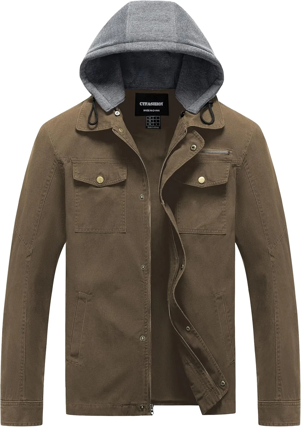 Men's Cotton Lightweight Jacket Military Canvas Field Coat Work Outwear Casual Spring Cargo Jacket with Hooded