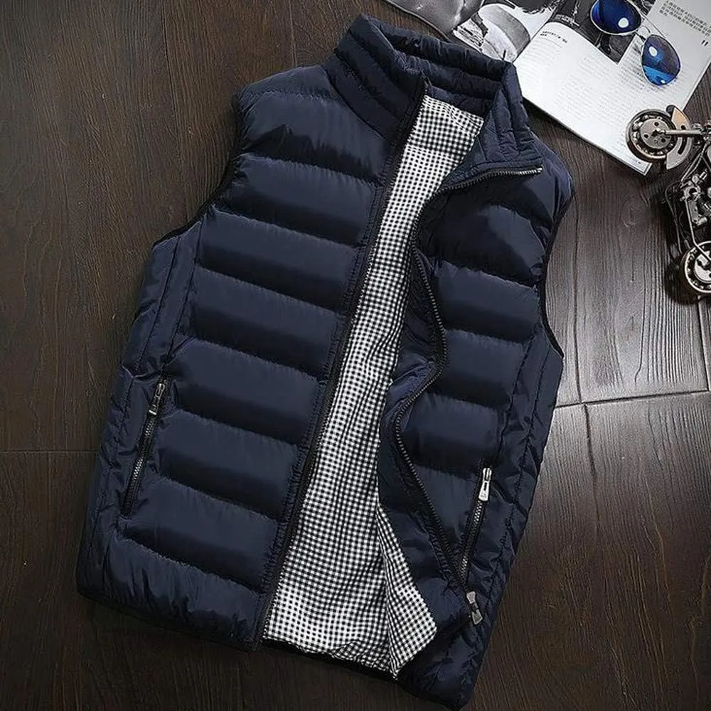Mens Fleece Vest Winter Fashion Casual Zipper Collar Pocket Hooded Sleeveless Cotton Padded Jacket Vest Top Navy