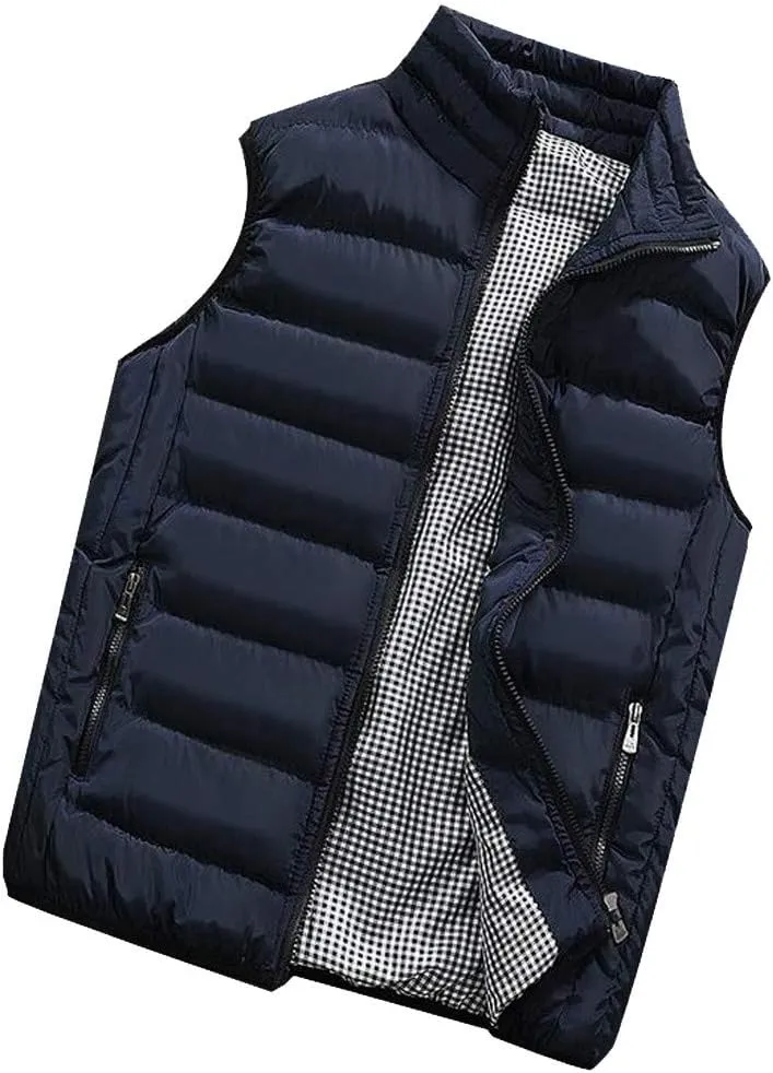 Mens Fleece Vest Winter Fashion Casual Zipper Collar Pocket Hooded Sleeveless Cotton Padded Jacket Vest Top Navy