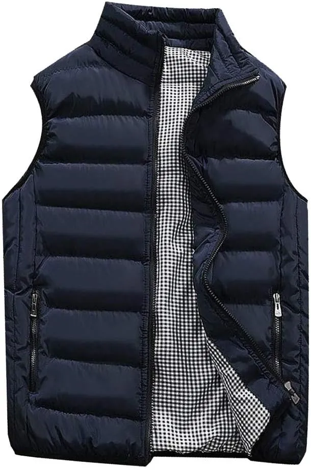 Mens Fleece Vest Winter Fashion Casual Zipper Collar Pocket Hooded Sleeveless Cotton Padded Jacket Vest Top Navy