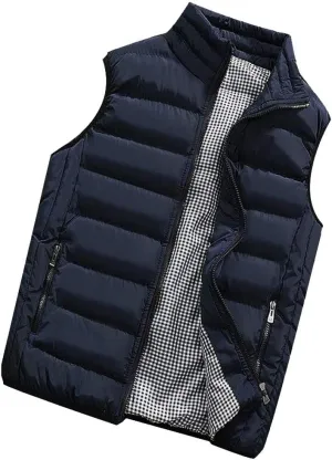 Mens Fleece Vest Winter Fashion Casual Zipper Collar Pocket Hooded Sleeveless Cotton Padded Jacket Vest Top Navy