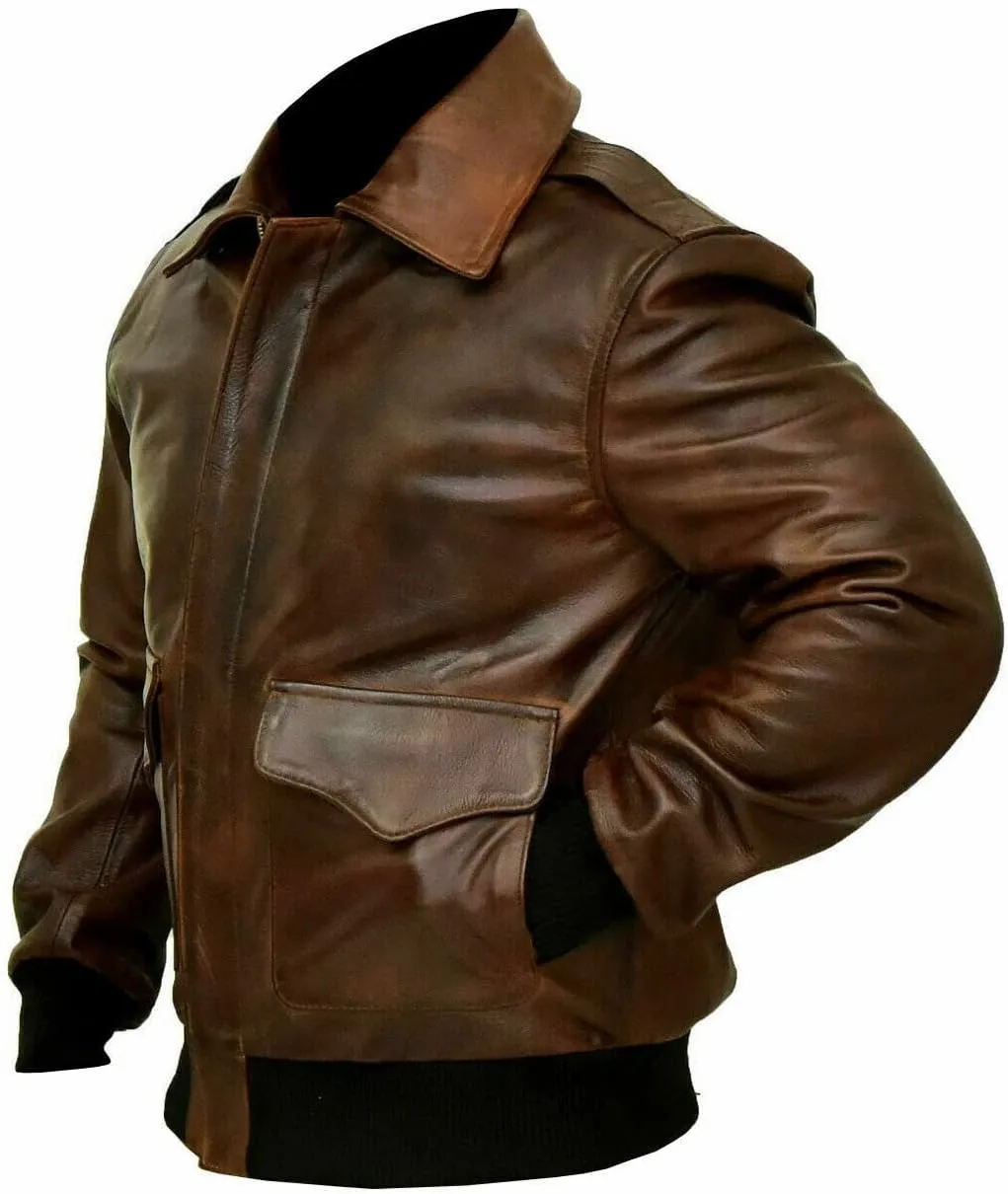 Men's G-1 Force Aviator Flight A-2 Jacket Distressed Brown Genuine Bomber Leather Jacket